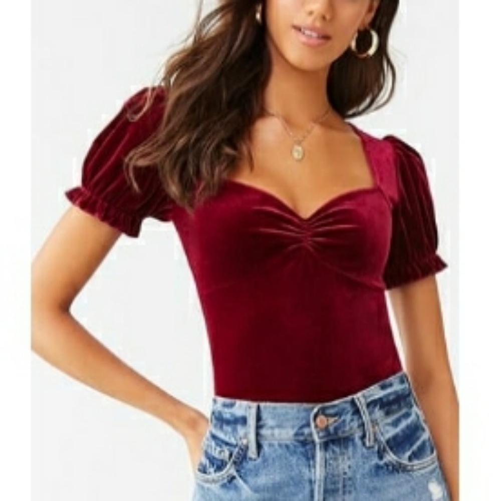 Red Velvet Puff Sleeve Top